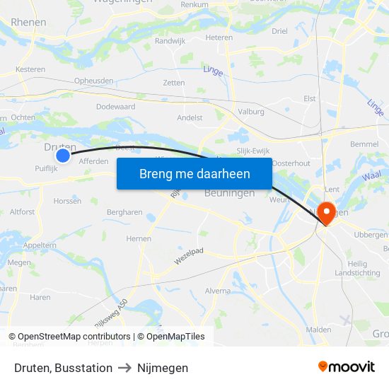 Druten, Busstation to Nijmegen map