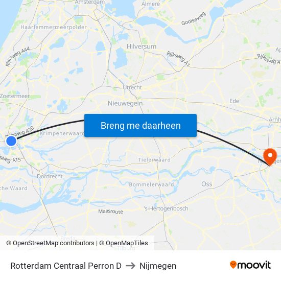 Rotterdam Centraal Perron D to Nijmegen map