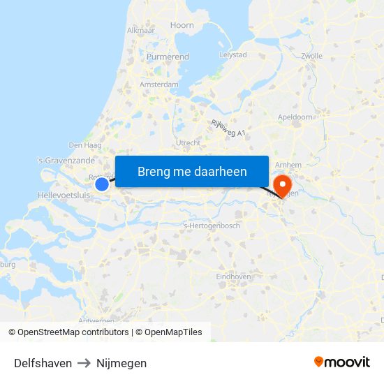 Delfshaven to Nijmegen map