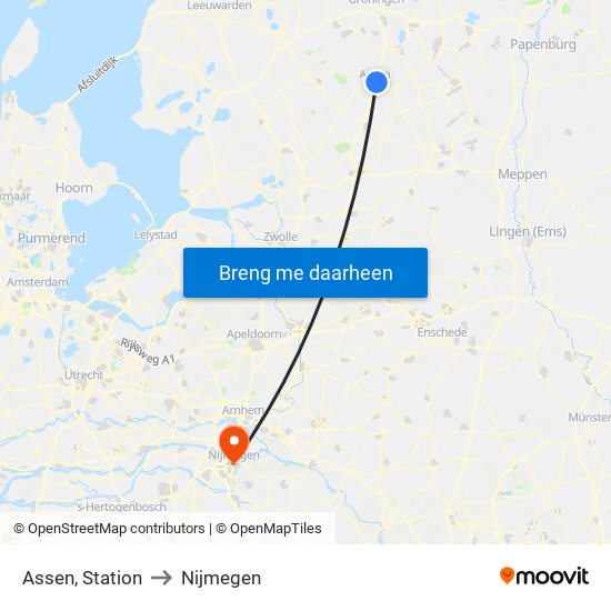 Assen, Station to Nijmegen map