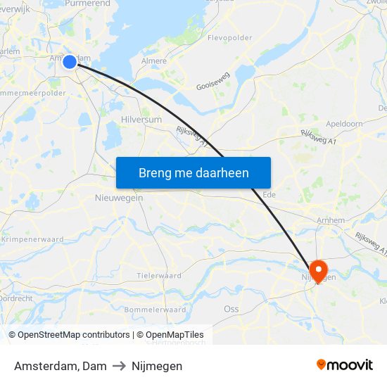 Amsterdam, Dam to Nijmegen map