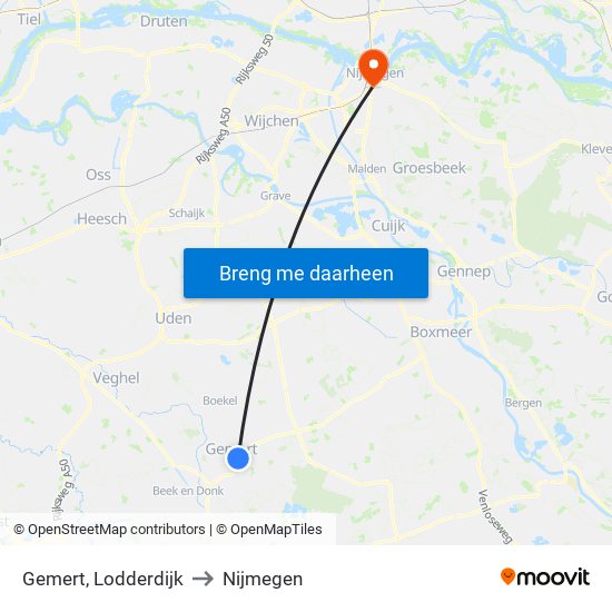 Gemert, Lodderdijk to Nijmegen map