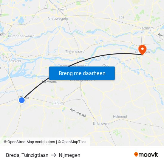 Breda, Tuinzigtlaan to Nijmegen map