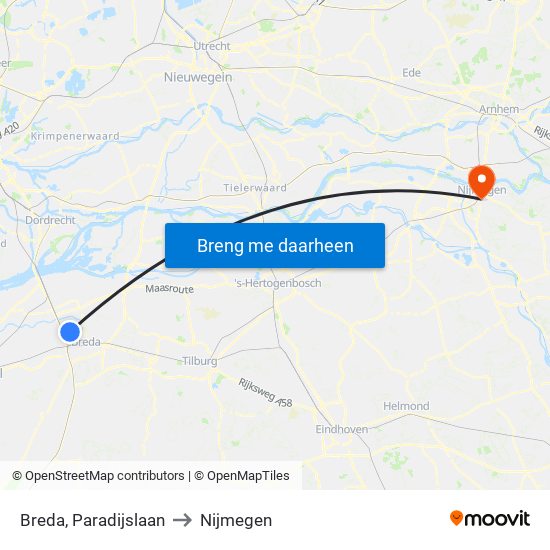Breda, Paradijslaan to Nijmegen map