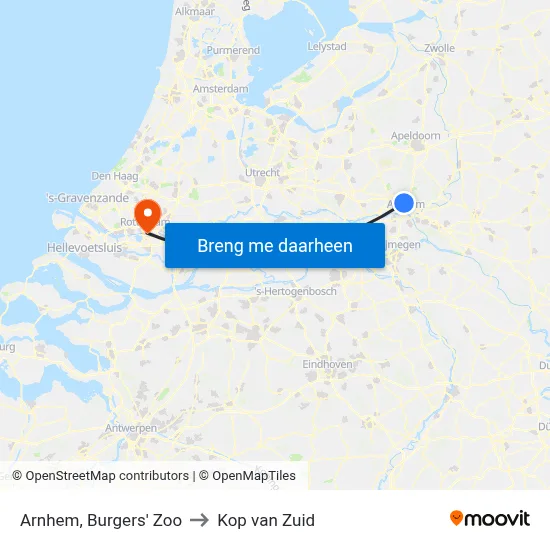 Arnhem, Burgers' Zoo to Kop van Zuid map