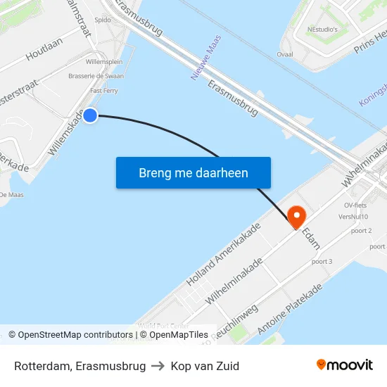Rotterdam, Erasmusbrug to Kop van Zuid map