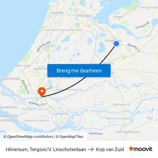 Hilversum, Tergooi/V. Linschotenlaan to Kop van Zuid map