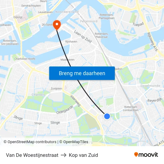 Van De Woestijnestraat to Kop van Zuid map