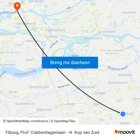 Tilburg, Prof. Cobbenhagenlaan to Kop van Zuid map