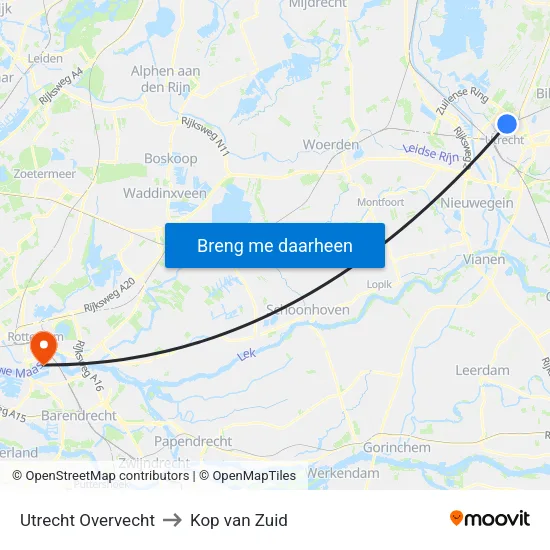 Utrecht Overvecht to Kop van Zuid map