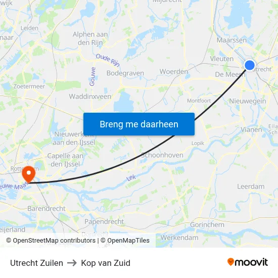 Utrecht Zuilen to Kop van Zuid map