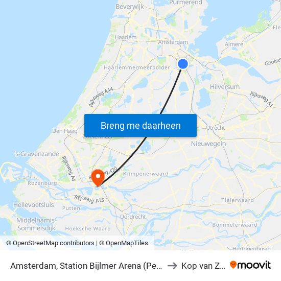 Amsterdam, Station Bijlmer Arena (Perron K) to Kop van Zuid map