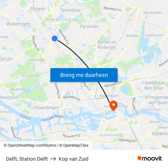 Delft, Station Delft to Kop van Zuid map