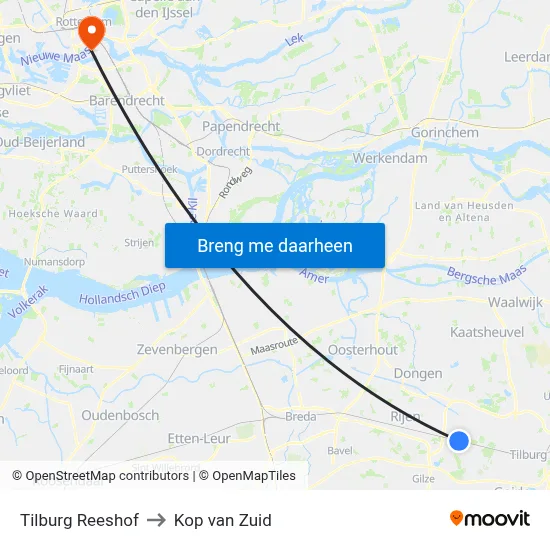 Tilburg Reeshof to Kop van Zuid map