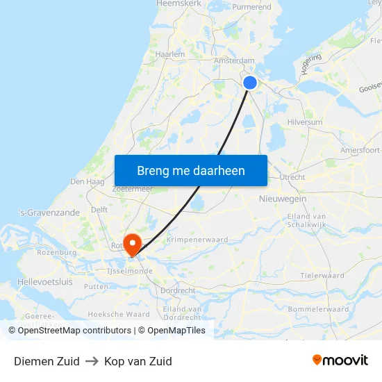 Diemen Zuid to Kop van Zuid map