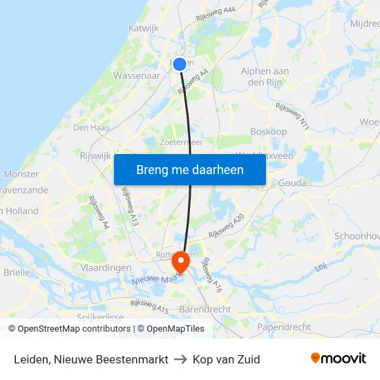 Leiden, Nieuwe Beestenmarkt to Kop van Zuid map