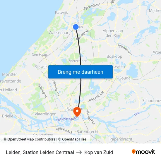 Leiden, Station Leiden Centraal to Kop van Zuid map