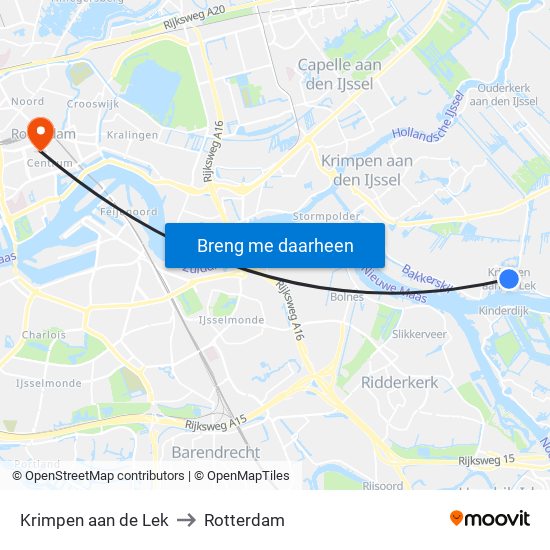 Krimpen aan de Lek to Rotterdam map
