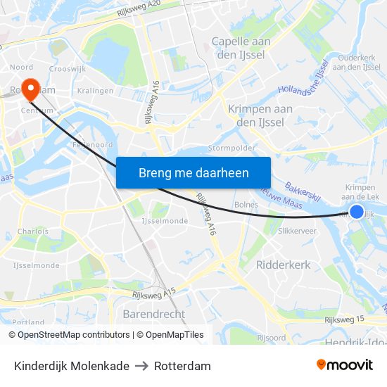 Kinderdijk Molenkade to Rotterdam map