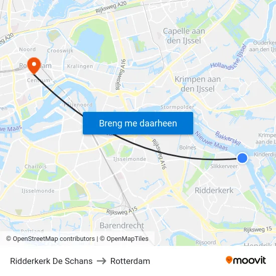 Ridderkerk De Schans to Rotterdam map