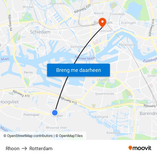Rhoon to Rotterdam map