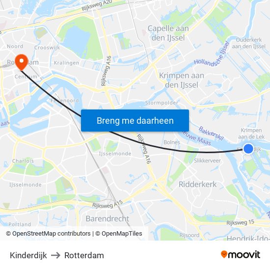 Kinderdijk to Rotterdam map