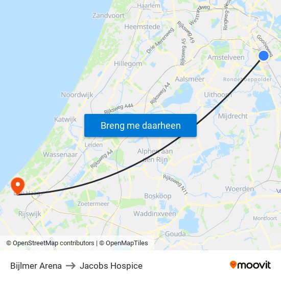 Bijlmer Arena to Jacobs Hospice map