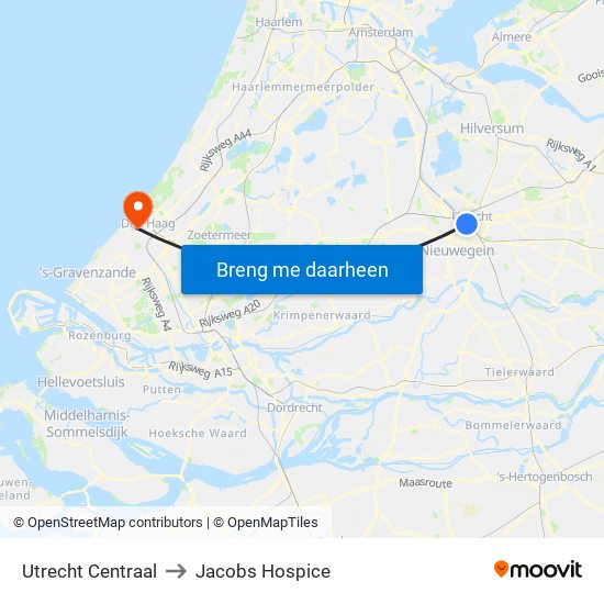 Utrecht Centraal to Jacobs Hospice map