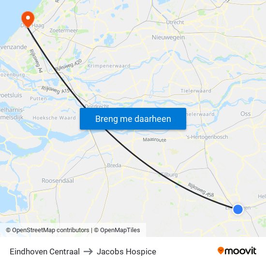 Eindhoven Centraal to Jacobs Hospice map