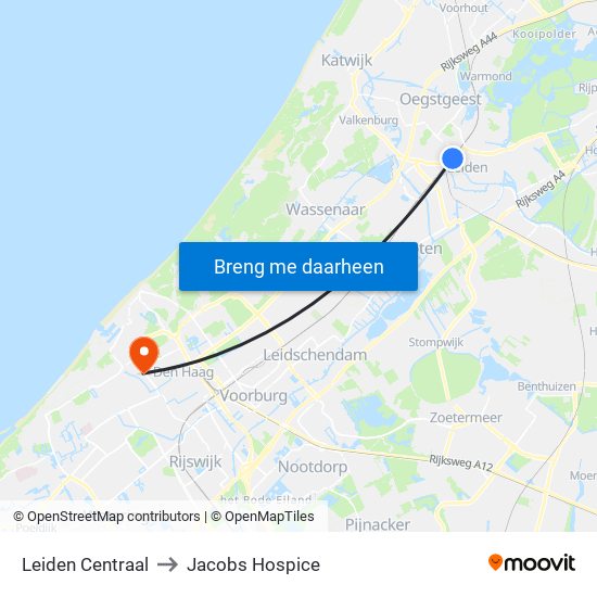 Leiden Centraal to Jacobs Hospice map