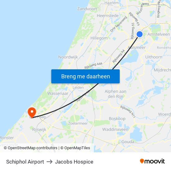 Schiphol Airport to Jacobs Hospice map