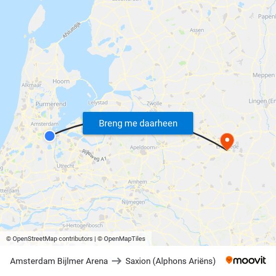 Amsterdam Bijlmer Arena to Saxion (Alphons Ariëns) map