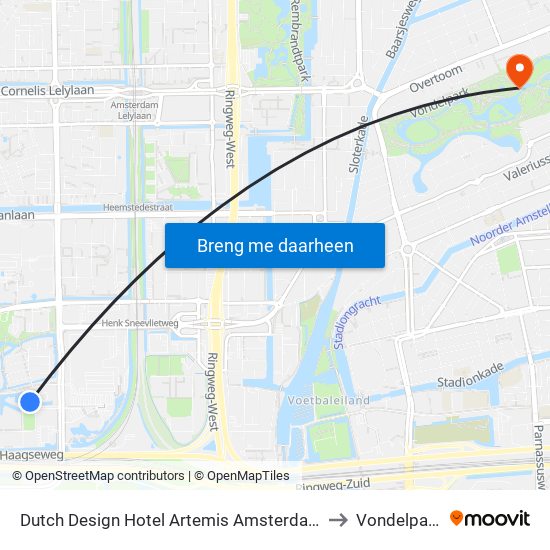 Dutch Design Hotel Artemis Amsterdam to Vondelpark map