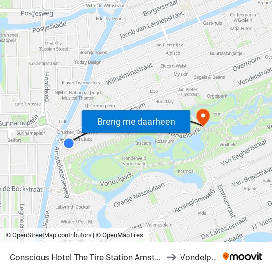 Conscious Hotel The Tire Station Amsterdam to Vondelpark map