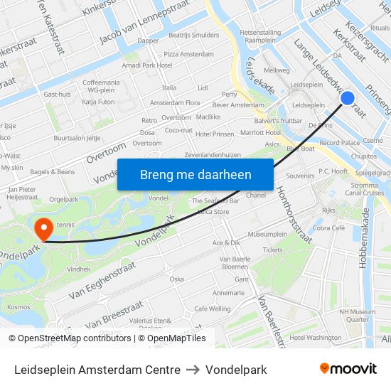 Leidseplein Amsterdam Centre to Vondelpark map