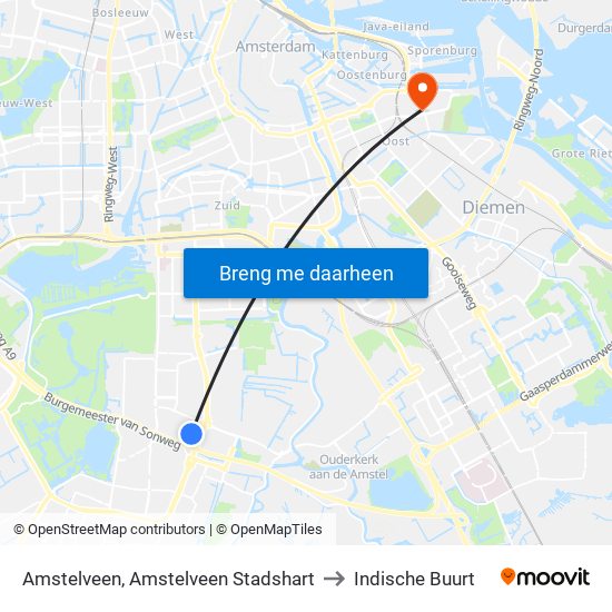 Amstelveen, Amstelveen Stadshart to Indische Buurt map