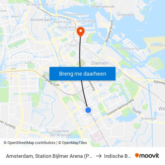 Amsterdam, Station Bijlmer Arena (Perron J) to Indische Buurt map