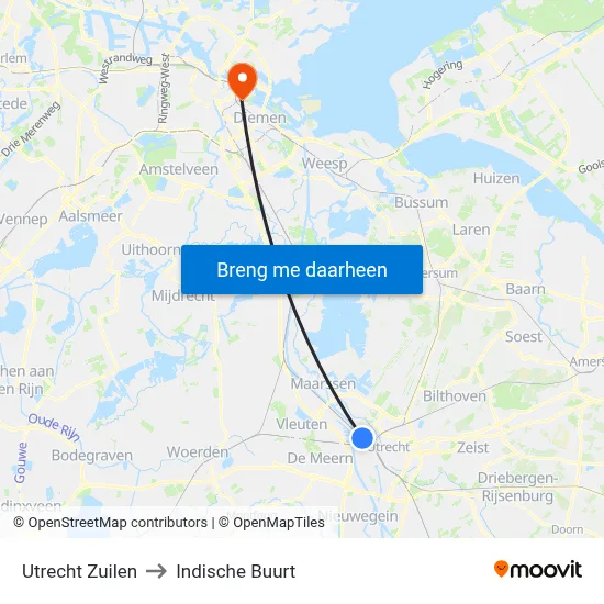 Utrecht Zuilen to Indische Buurt map
