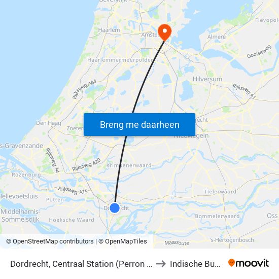 Dordrecht, Centraal Station (Perron D) to Indische Buurt map