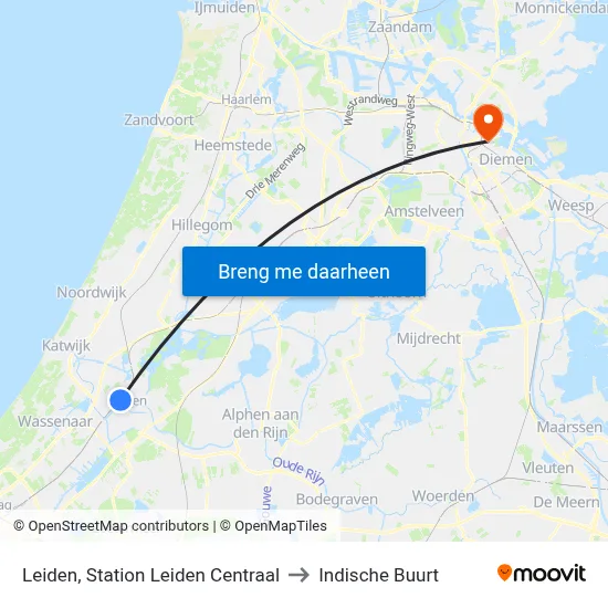 Leiden, Station Leiden Centraal to Indische Buurt map