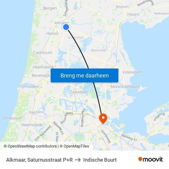Alkmaar, Saturnusstraat P+R to Indische Buurt map