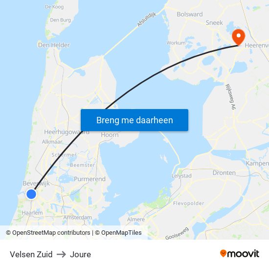 Velsen Zuid to Joure map