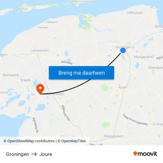 Groningen to Joure map