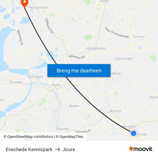 Enschede Kennispark to Joure map