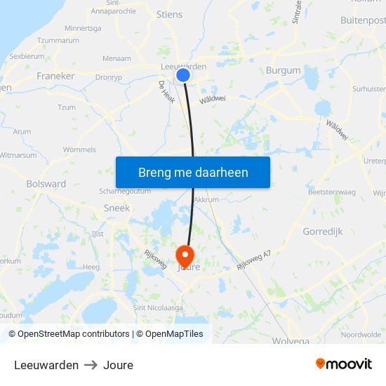 Leeuwarden to Joure map