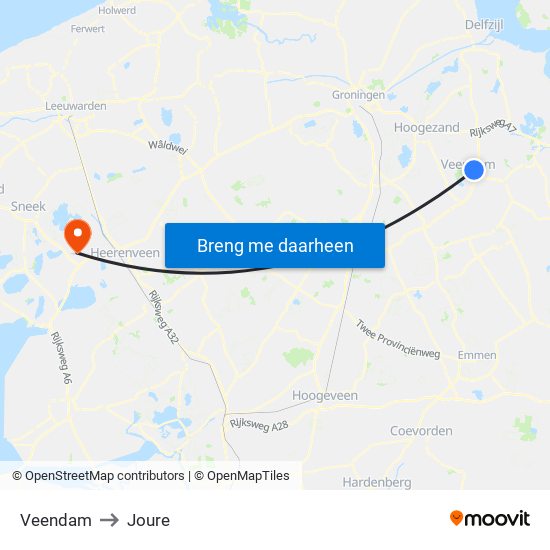 Veendam to Joure map