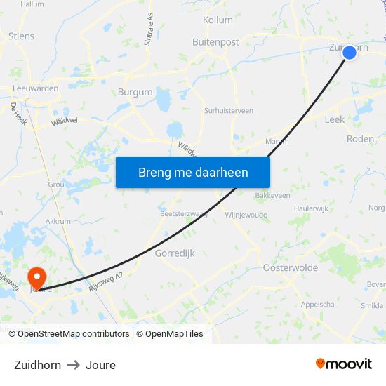 Zuidhorn to Joure map