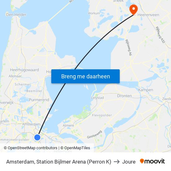 Amsterdam, Station Bijlmer Arena (Perron K) to Joure map