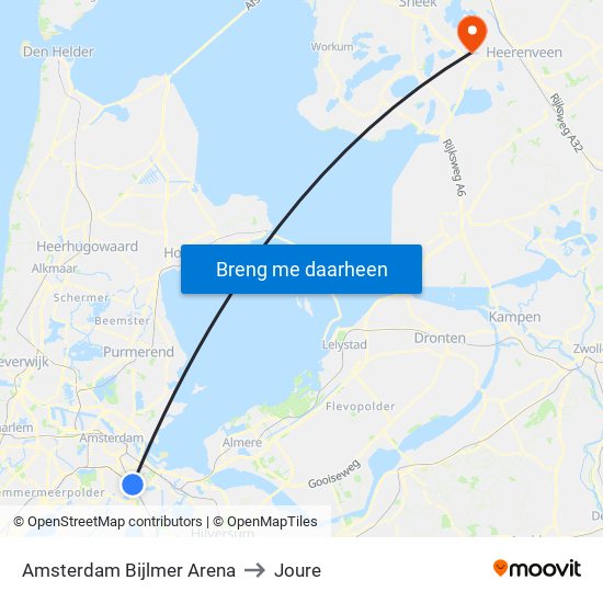 Amsterdam Bijlmer Arena to Joure map