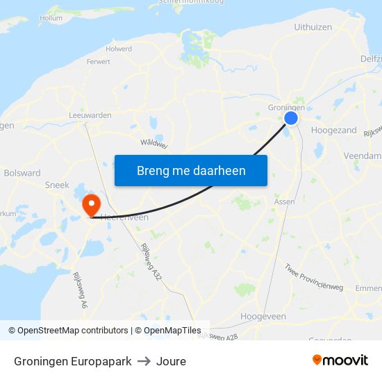 Groningen Europapark to Joure map